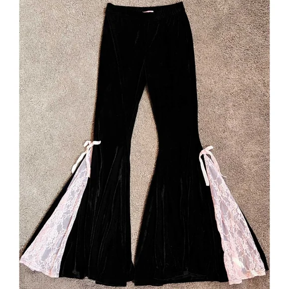 Dolls Kill Sugar Thrillz Velvet Bell Bottoms Flare Black Pink Lace Bow Goth - Picture 1 of 5